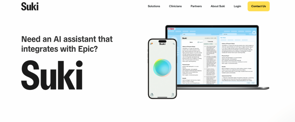 Suki AI assistant integrated with Epic EHR showing voice-enabled note generation on mobile and desktop