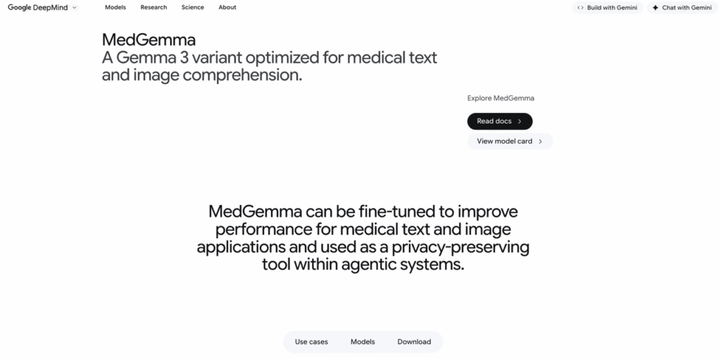 Google DeepMind MedGemma introduction page highlighting "A Gemma 3 variant optimized for medical text and image comprehension"