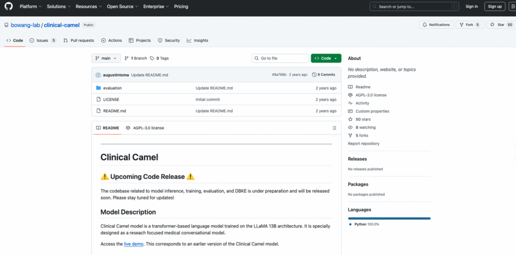 GitHub repository screenshot of bowang-lab/Clinical Camel – LLaMA-based medical conversational research model