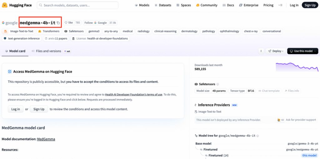 Hugging Face repository for google/medgemma-4b-it, 4B multimodal medical model based on Gemma 3, requiring Health AI terms acceptance