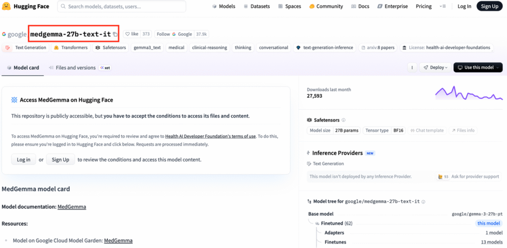 Hugging Face google/medgemma-27b-text-it page, 27B parameter text-only MedGemma variant derived from Gemma 3 27B