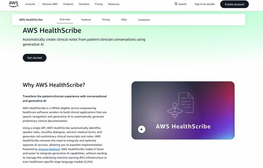 AWS HealthScribe official page – HIPAA-eligible generative AI service that auto-generates clinical notes from patient-clinician conversations