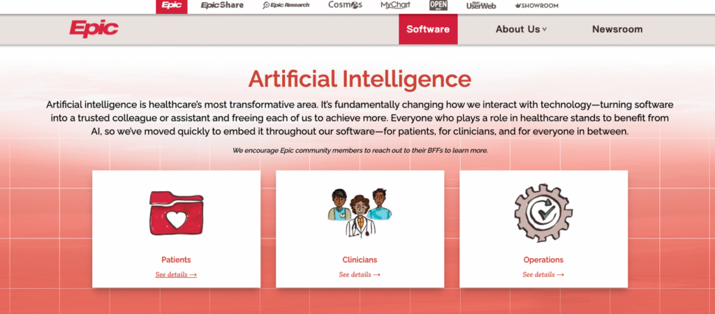 Epic Software official website highlighting Artificial Intelligence features for patients, clinicians, and operations