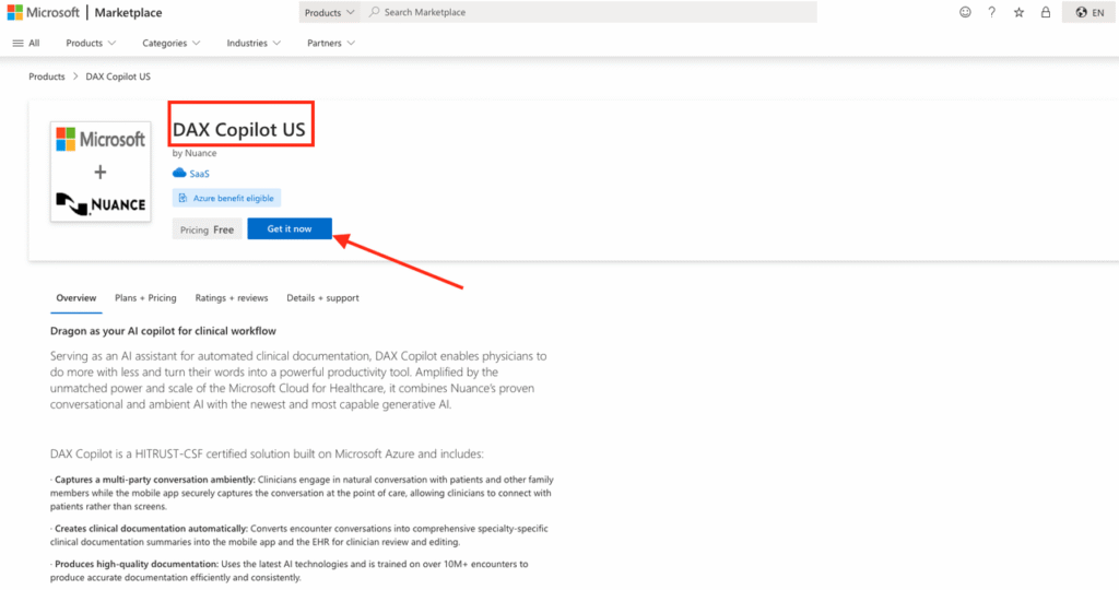 Microsoft Marketplace listing for Nuance DAX Copilot US – Free pricing tier, Azure & HITRUST-certified ambient AI documentation solution