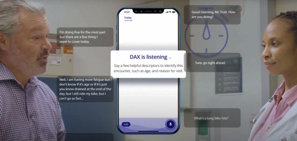 Nuance DAX Copilot ambient listening in action on iPhone during doctor-patient visit – automatically captures conversation and generates clinical notes