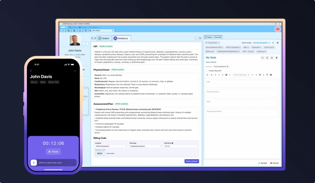 Ambience Healthcare AI in action: real-time ambient listening generates comprehensive clinical notes, coding, and billing within Epic EHR workflow.