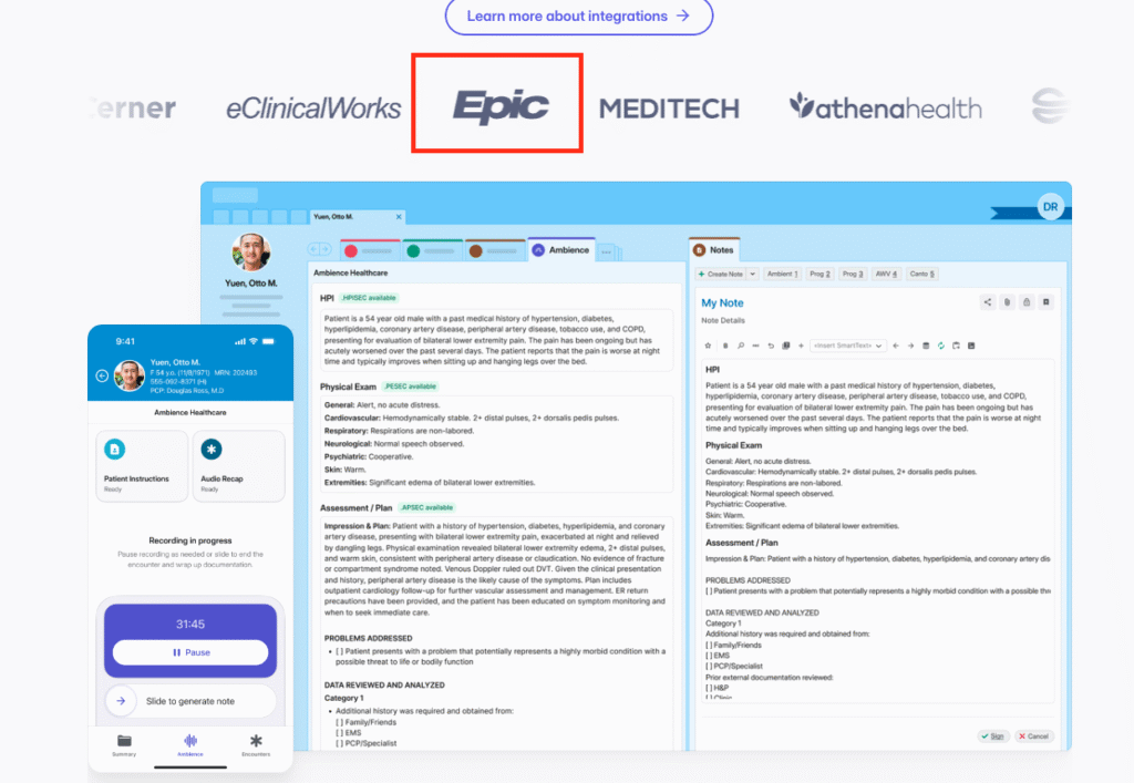 Epic EHR interface with ambient listening AI tool recording visit and auto-generating structured SOAP note