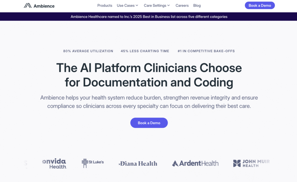 Ambience Healthcare AI platform chosen by clinicians for documentation and coding, reducing burden and ensuring revenue integrity across specialties.