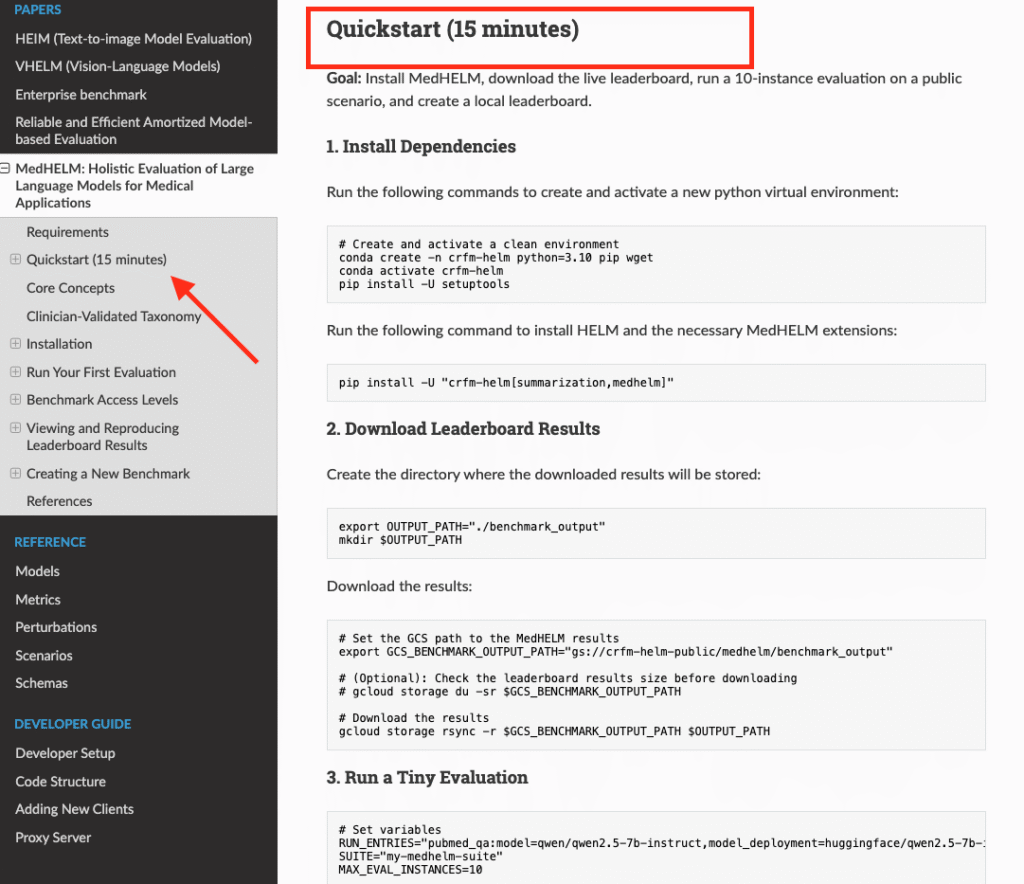 MedHELM Quickstart guide (15 minutes): Install, download leaderboard, and run local evaluation on public scenarios