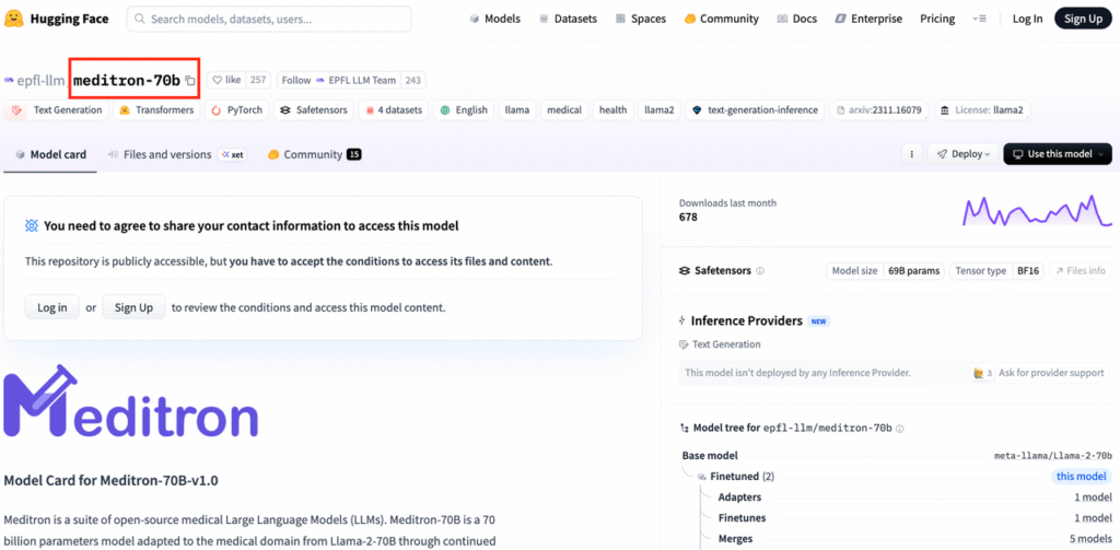 Meditron-70B Hugging Face model card by EPFL-LLM: 69B open-source medical LLM based on Llama-2-70B