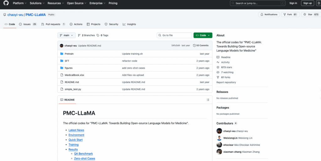 GitHub repository screenshot of chaoyi-wu/PMC-LLaMA – Official open-source code for PMC-LLaMA medical language model
